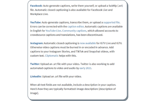 Social media captions for website accessibility